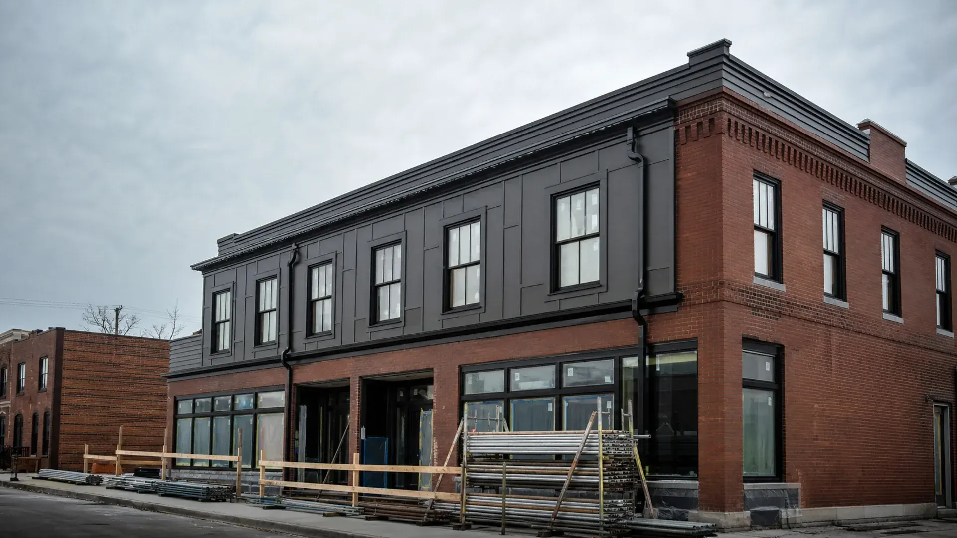 Brick commercial building receiving new cladding, windows, trim, and drainage details.