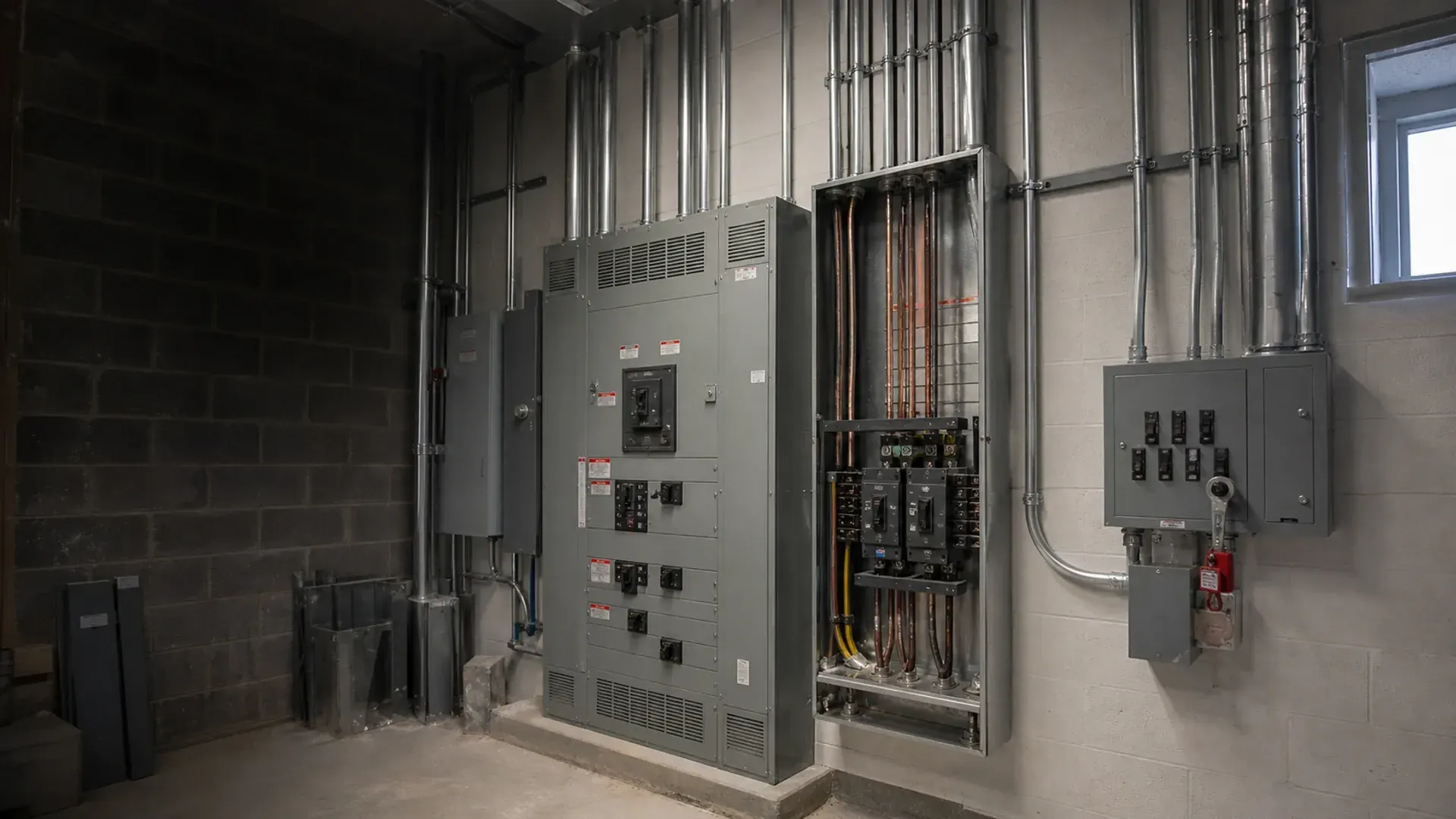 Organized commercial electrical panels and conduit in a Greater St Louis building.