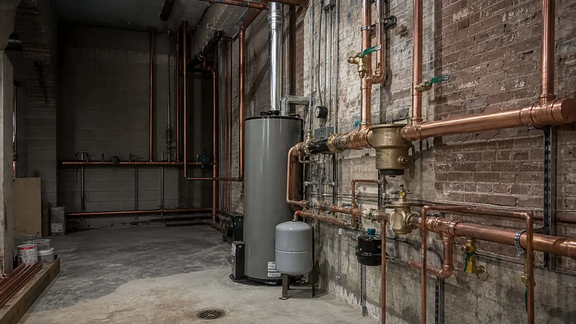 Substantial copper piping and water-heating replacement in a Greater St Louis mechanical room.
