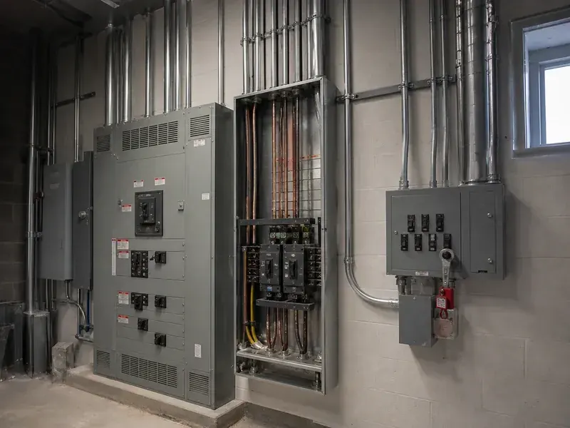 Organized commercial electrical panels and conduit in a Greater St Louis building.