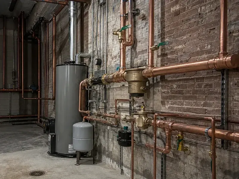 Substantial copper piping and water-heating replacement in a Greater St Louis mechanical room.