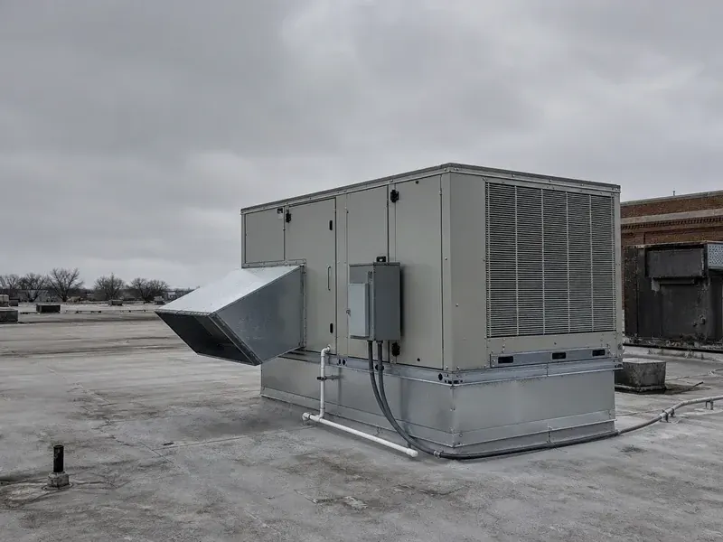 Commercial rooftop HVAC equipment on a low-slope roof in Greater St Louis.